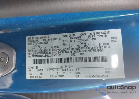 2020 Ford Escape Se z USA, uszkodzony, nr VIN 1FMCU0G60LUC21831